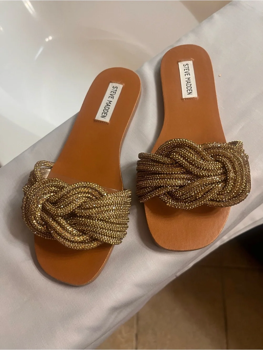 Steve Madden Gold Beaded Knot Slide Sandals - Tan Footbed